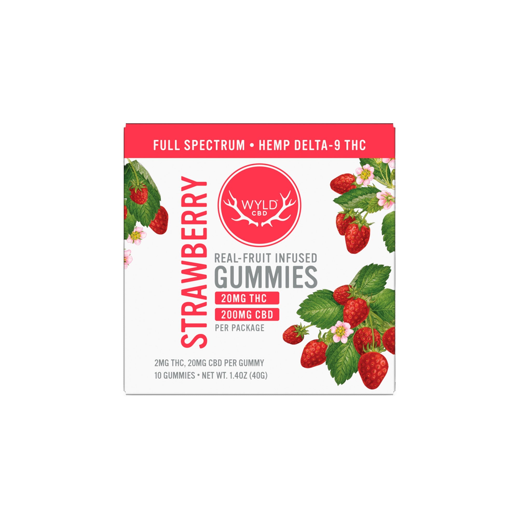 A white box of WYLD CBD Gummies Full Spectrum by WYLD, labeled with 20mg THC and 200mg CBD per package, features images of strawberries and green leaves.