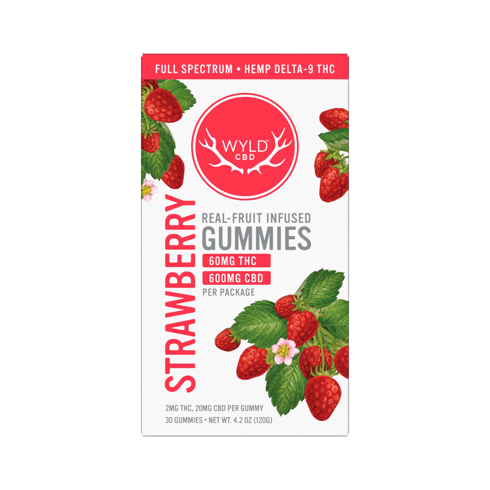 A white box of WYLD CBD Gummies Full Spectrum by WYLD, labeled with 20mg THC and 200mg CBD per package, features images of strawberries and green leaves.