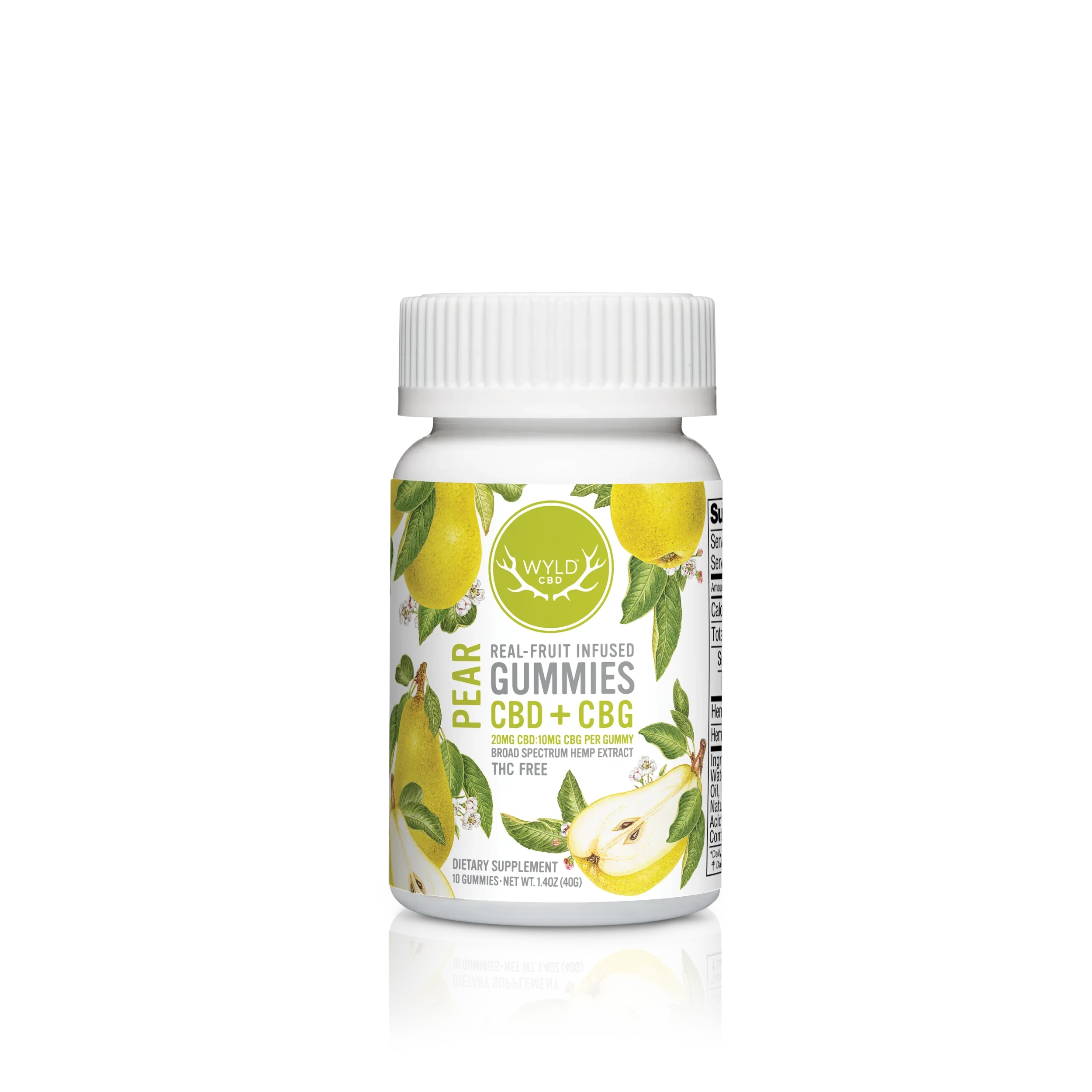 Bottle of Wyld Pear CBD + CBG Gummies on a white background